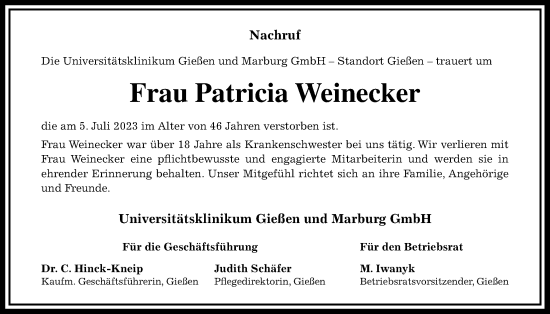 Traueranzeige von Patricia Weinecker von Giessener Allgemeine, Alsfelder Allgemeine