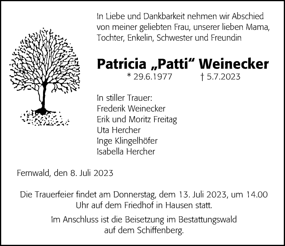  Traueranzeige für Patricia Weinecker vom 08.07.2023 aus Giessener Allgemeine, Alsfelder Allgemeine