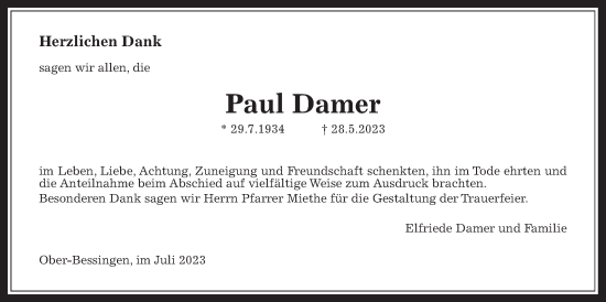 Traueranzeige von Paul Damer von Giessener Anzeiger, Giessener Allgemeine, Alsfelder Allgemeine