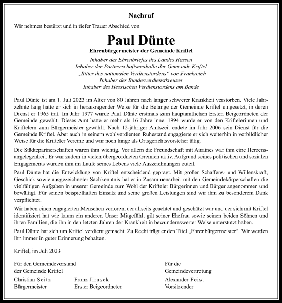 Traueranzeige von Paul Dünte 