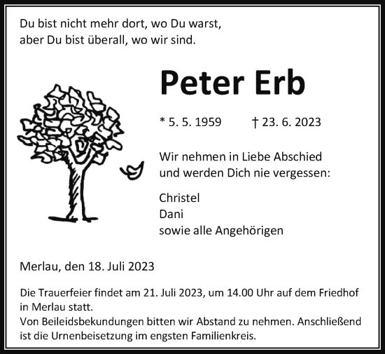 Traueranzeige von Peter Erb von Giessener Allgemeine, Alsfelder Allgemeine