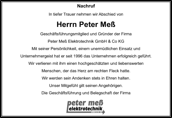 Traueranzeige von Peter Meß von Alsfelder Allgemeine
