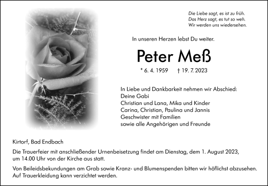 Traueranzeige von Peter Meß von Alsfelder Allgemeine