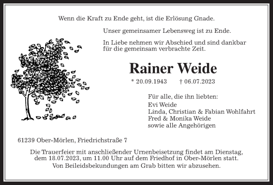 Traueranzeige von Rainer Weide von Wetterauer Zeitung
