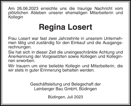 Traueranzeige von Regina Losert von Kreis-Anzeiger