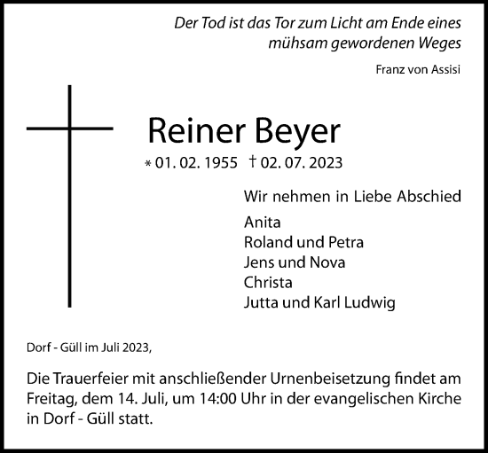 Traueranzeige von Reiner Beyer von Giessener Anzeiger, Giessener Allgemeine, Alsfelder Allgemeine