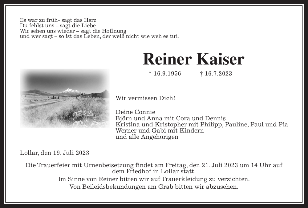  Traueranzeige für Reiner Kaiser vom 19.07.2023 aus Giessener Allgemeine, Alsfelder Allgemeine, Giessener Anzeiger