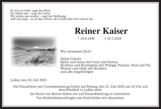 Traueranzeige von Reiner Kaiser von Giessener Allgemeine, Alsfelder Allgemeine, Giessener Anzeiger