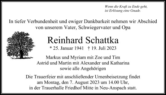 Traueranzeige von Reinhard Schattka von Usinger Anzeiger