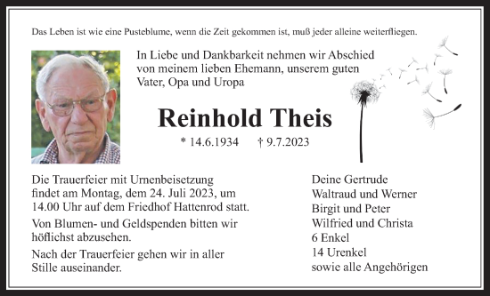 Traueranzeige von Reinhold Theis von Giessener Allgemeine, Alsfelder Allgemeine