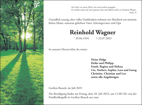 Traueranzeige von Reinhold Wagner von Giessener Allgemeine, Alsfelder Allgemeine, Giessener Anzeiger