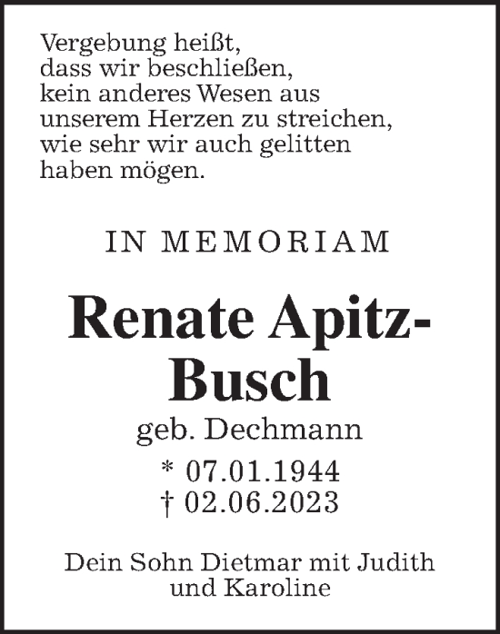 Traueranzeige von Renate Apitz-Busch von Giessener Allgemeine, Alsfelder Allgemeine