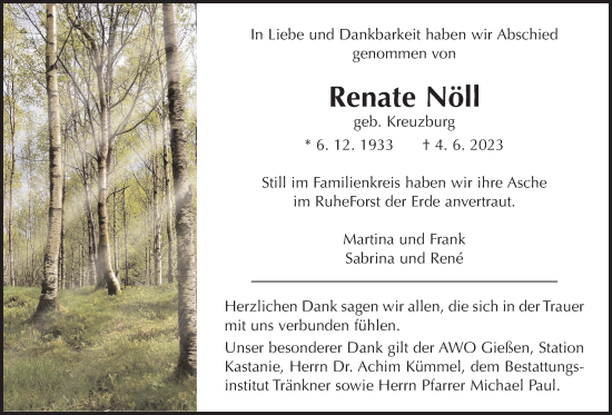 Traueranzeige von Renate Nöll von Giessener Allgemeine, Alsfelder Allgemeine