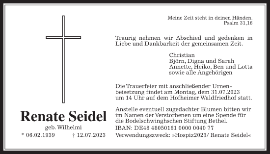 Traueranzeige von Renate Seidel 