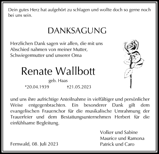 Traueranzeige von Renate Wallbott von Giessener Allgemeine, Alsfelder Allgemeine, Giessener Anzeiger