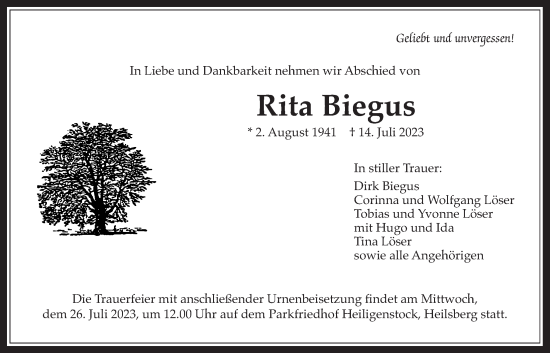 Traueranzeige von Rita Biegus von Bad Vilbel/Karben