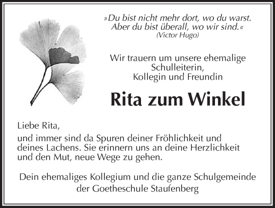 Traueranzeige von Rita zum Winkel von Giessener Allgemeine, Alsfelder Allgemeine, Giessener Anzeiger