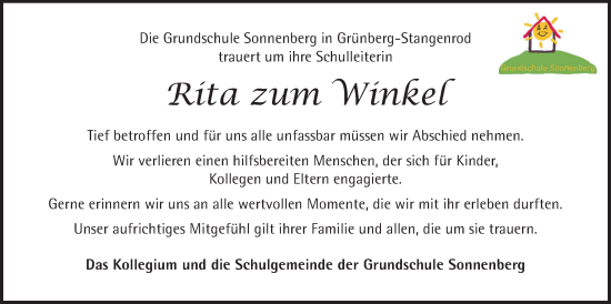Traueranzeige von Rita zum Winkel von Giessener Allgemeine, Alsfelder Allgemeine
