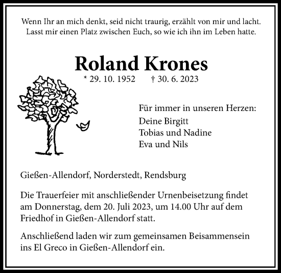 Traueranzeige von Roland Krones von Giessener Allgemeine, Alsfelder Allgemeine