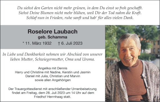 Traueranzeige von Roselore Laubach von Kreis-Anzeiger
