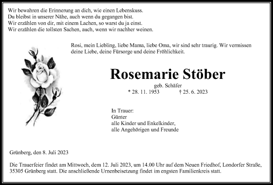 Traueranzeige von Rosemarie Stöber von Giessener Allgemeine, Alsfelder Allgemeine