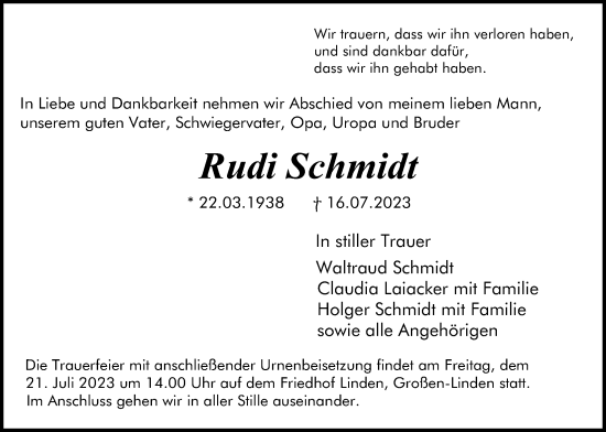 Traueranzeige von Rudi Schmidt von Giessener Allgemeine, Alsfelder Allgemeine, Giessener Anzeiger