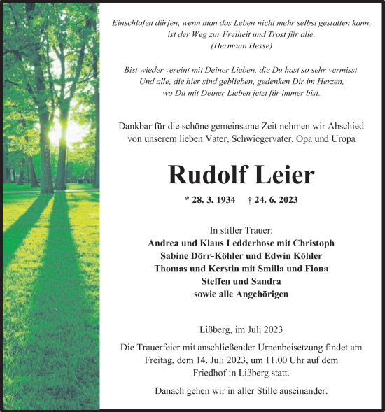 Traueranzeige von Rudolf Leier von Kreis-Anzeiger