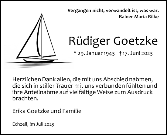 Traueranzeige von Rüdiger Goetzke von Wetterauer Zeitung