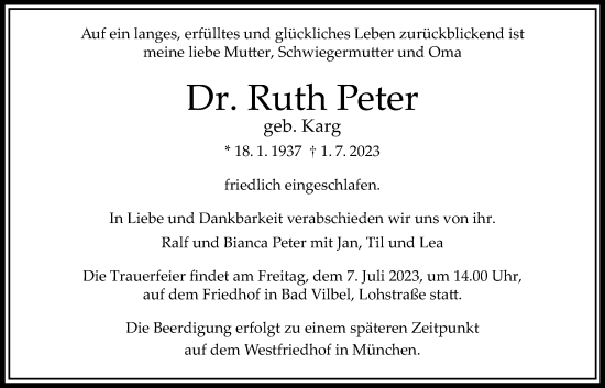 Traueranzeige von Ruth Peter von Bad Vilbel/Karben