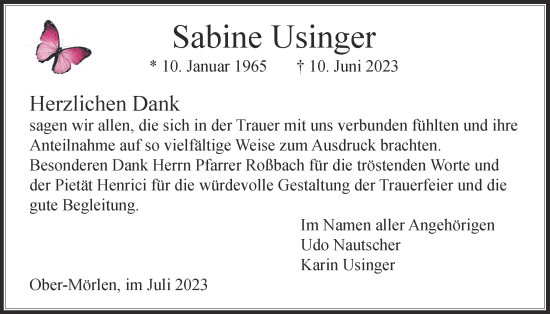 Traueranzeige von Sabine Usinger 