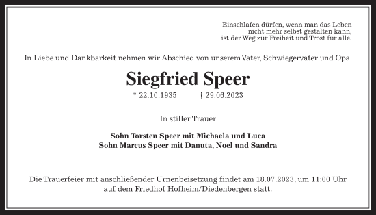 Traueranzeige von Siegfried Speer 