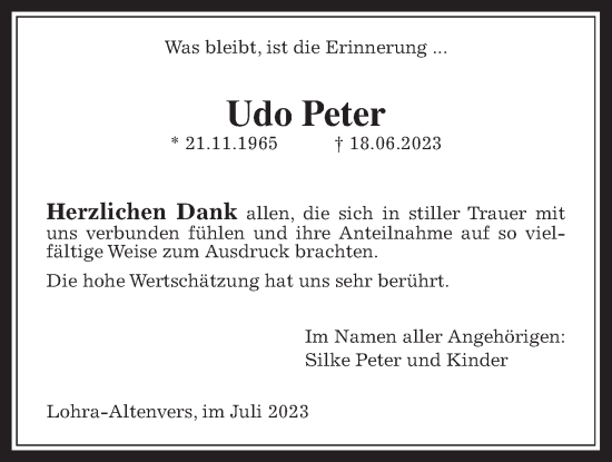 Traueranzeige von Udo Peter von Giessener Allgemeine, Alsfelder Allgemeine