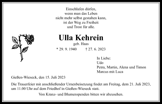 Traueranzeige von Ulla Kehrein von Giessener Anzeiger