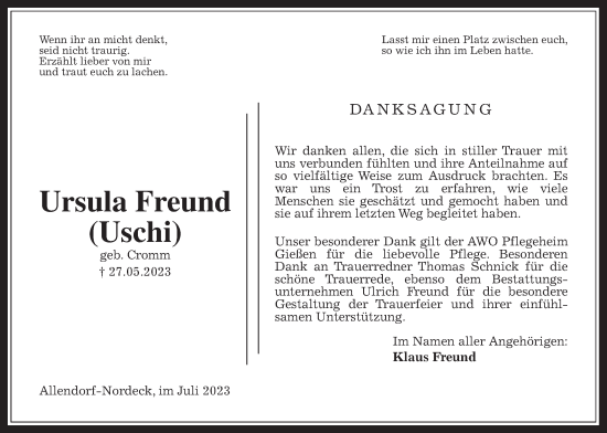 Traueranzeige von Ursula Freund von Allendorfer Mitteilungen, Giessener Anzeiger, Giessener Allgemeine, Alsfelder Allgemeine