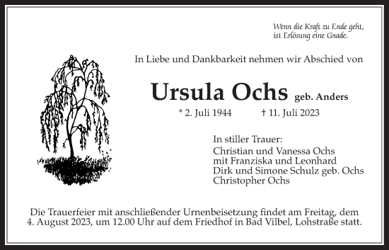 Traueranzeige von Ursula Ochs von Bad Vilbel/Karben