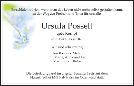 Traueranzeige von Ursula Posselt von Bad Vilbel/Karben