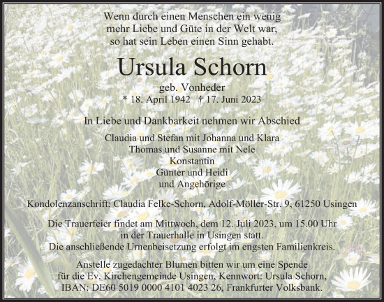 Traueranzeige von Ursula Schorn von Usinger Anzeiger