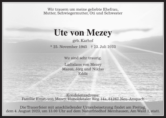 Traueranzeige von Ute von Mezey von Usinger Anzeiger