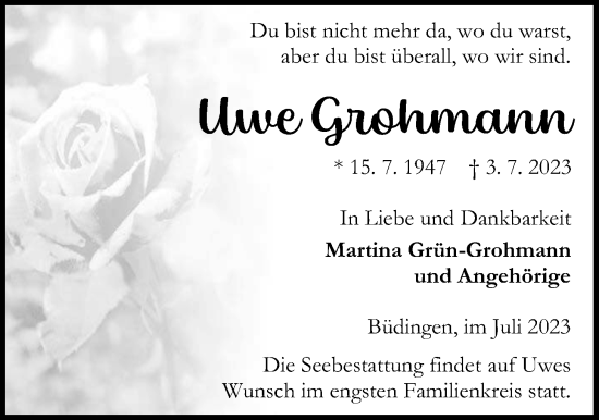 Traueranzeige von Uwe Grohmann von Kreis-Anzeiger