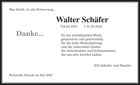 Traueranzeige von Walter Schäfer von Giessener Allgemeine, Alsfelder Allgemeine