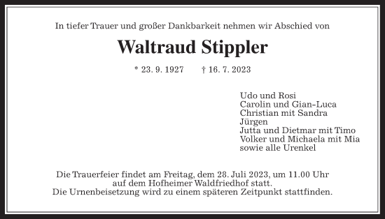 Traueranzeige von Waltraud Stippler 
