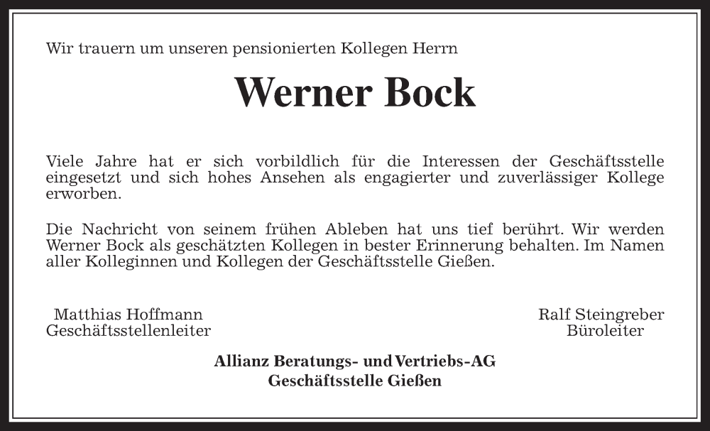  Traueranzeige für Werner Bock vom 01.07.2023 aus Giessener Allgemeine, Alsfelder Allgemeine