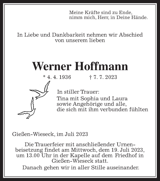 Traueranzeige von Werner Hoffmann von Giessener Anzeiger, Giessener Allgemeine, Alsfelder Allgemeine