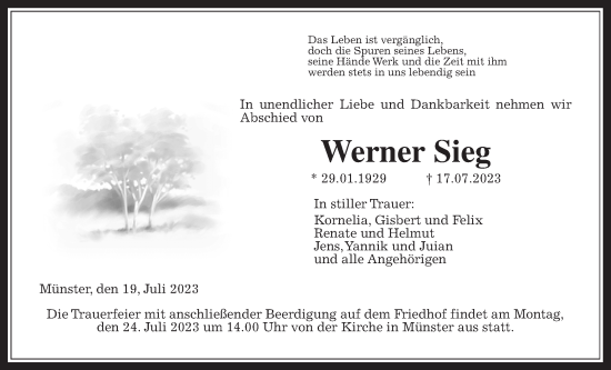 Traueranzeige von Werner Sieg von Laubacher Anzeiger, Giessener Allgemeine, Alsfelder Allgemeine