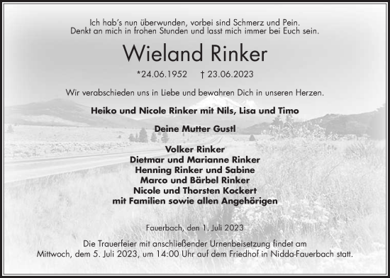 Traueranzeige von Wieland Rinker von Kreis-Anzeiger