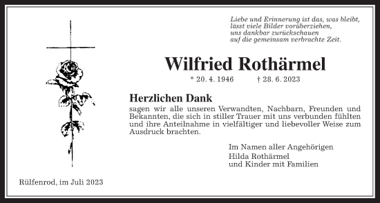 Traueranzeige von Wilfried Rothärmel von Alsfelder Allgemeine