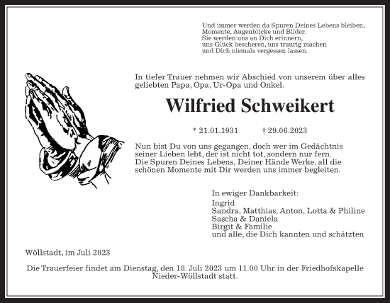 Traueranzeige von Wilfried Schweikert von Wetterauer Zeitung
