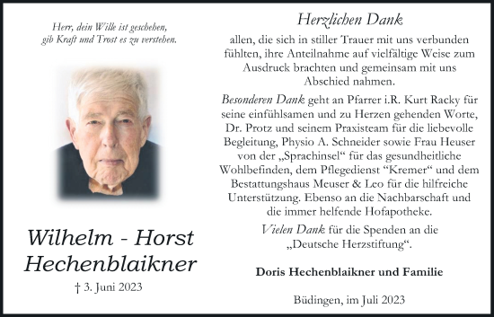 Traueranzeige von Wilhelm-Horst Hechenblaikner von Kreis-Anzeiger