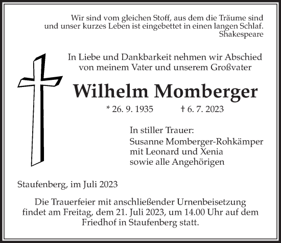 Traueranzeige von Wilhelm Momberger von Alsfelder Allgemeine, Giessener Anzeiger, Giessener Allgemeine
