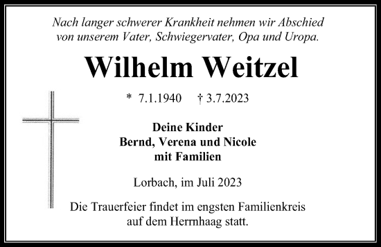 Traueranzeige von Wilhelm Weitzel von Kreis-Anzeiger